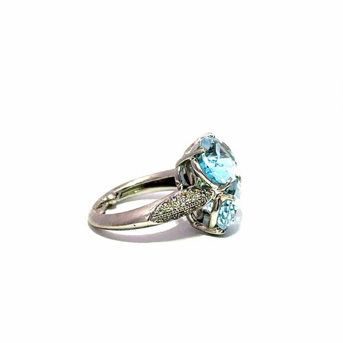 Bague 51 Bague cocktail vintage en or blanc 750, topazes bleues et diamants 58 Facettes 50547