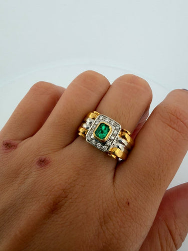 Bague 55 Bague bandeau en or jaune et blanc 18 ct, émeraude et diamants 58 Facettes 605/26 F