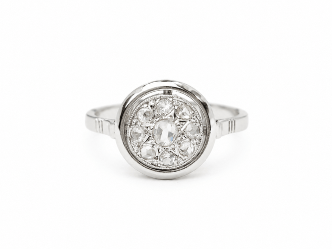 Bague 53.5 Art déco - Bague ancienne en or blanc 18 carats et platine, diamants taille rose 58 Facettes 33865