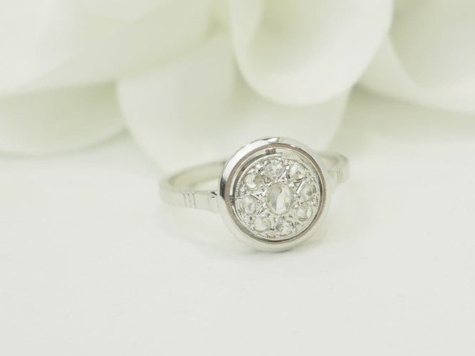 Bague 53.5 Art déco - Bague ancienne en or blanc 18 carats et platine, diamants taille rose 58 Facettes 33865
