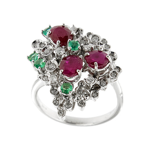 Bague 59 Bague - Rubis, émeraudes et diamants en or blanc 14 ct 58 Facettes 37784