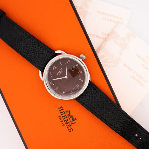 Montre Hermès - Montre Arceau à cadran chocolat, chiffres arabes, LM, set complet 58 Facettes 614