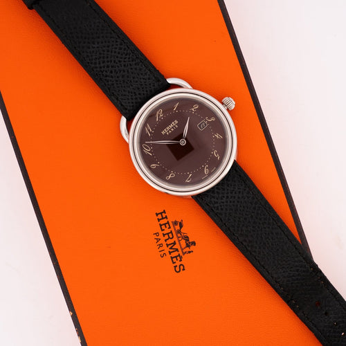 Montre Hermès - Montre Arceau à cadran chocolat, chiffres arabes, LM, set complet 58 Facettes 614