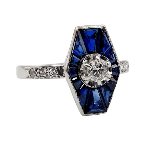Bague 60.5 Bague marquise Art déco en or blanc 18k, diamant taille ancienne et saphirs synthétiques 58 Facettes A08032
