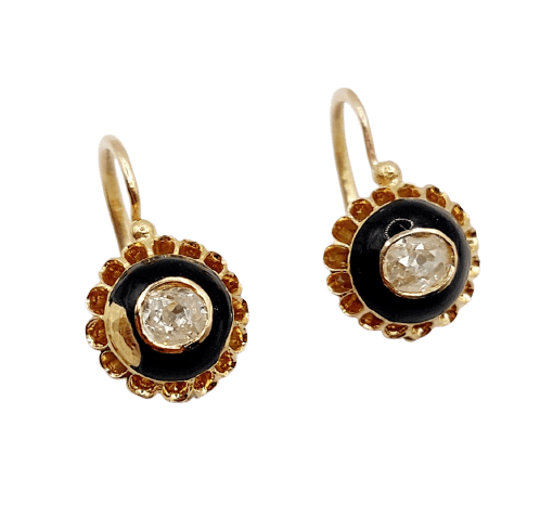 Boucles d'oreilles Dormeuses victoriennes - Boucles d’oreilles en or 18k, diamants taille ancienne et émail noir 58 Facettes A08027