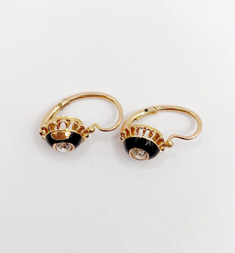 Boucles d'oreilles Dormeuses victoriennes - Boucles d’oreilles en or 18k, diamants taille ancienne et émail noir 58 Facettes A08027