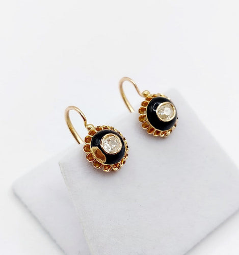 Boucles d'oreilles Dormeuses victoriennes - Boucles d’oreilles en or 18k, diamants taille ancienne et émail noir 58 Facettes A08027