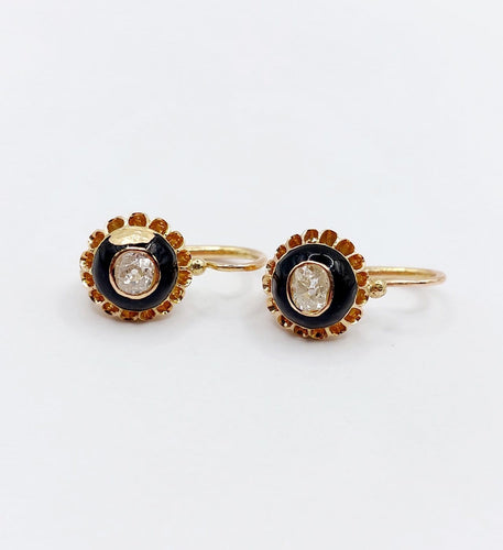 Boucles d'oreilles Dormeuses victoriennes - Boucles d’oreilles en or 18k, diamants taille ancienne et émail noir 58 Facettes A08027