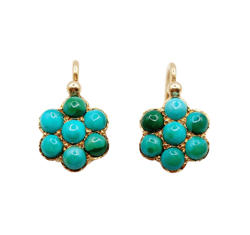 Boucles d'oreilles Dormeuses marguerite en or rose 18k et turquoises, vers 1900 58 Facettes A08026