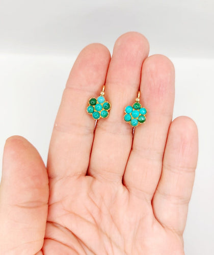 Boucles d'oreilles Dormeuses marguerite en or rose 18k et turquoises, vers 1900 58 Facettes A08026