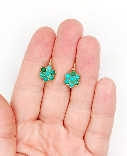 Boucles d'oreilles Dormeuses marguerite en or rose 18k et turquoises, vers 1900 58 Facettes A08026