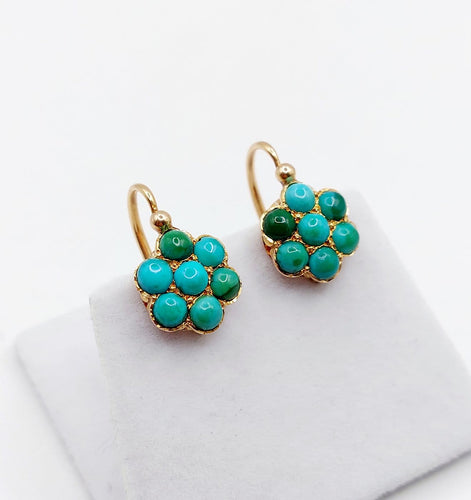 Boucles d'oreilles Dormeuses marguerite en or rose 18k et turquoises, vers 1900 58 Facettes A08026