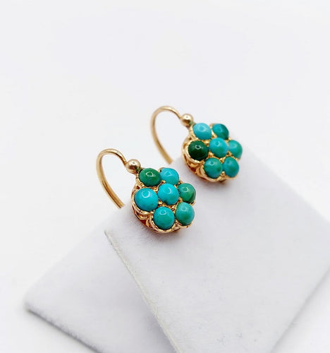 Boucles d'oreilles Dormeuses marguerite en or rose 18k et turquoises, vers 1900 58 Facettes A08026
