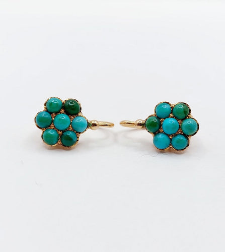 Boucles d'oreilles Dormeuses marguerite en or rose 18k et turquoises, vers 1900 58 Facettes A08026