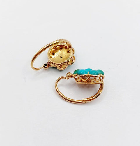 Boucles d'oreilles Dormeuses marguerite en or rose 18k et turquoises, vers 1900 58 Facettes A08026
