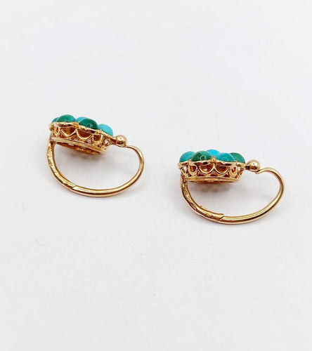 Boucles d'oreilles Dormeuses marguerite en or rose 18k et turquoises, vers 1900 58 Facettes A08026