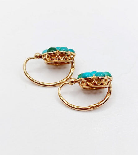 Boucles d'oreilles Dormeuses marguerite en or rose 18k et turquoises, vers 1900 58 Facettes A08026