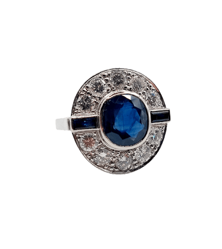 Bague 58 Bague cible Art déco en or blanc 18k, saphir 3 ct et diamants 1,50 ct 58 Facettes A08031