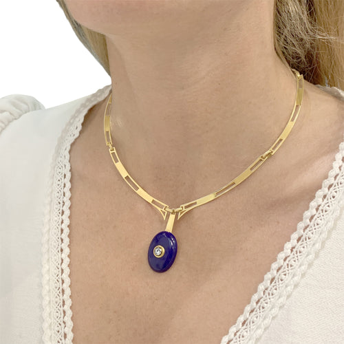 Collier Collier moderniste en or jaune, lapis-lazuli et diamants 58 Facettes 35928