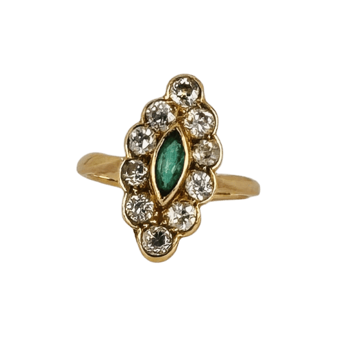 Bague 52 Bague navette vintage en or jaune 18k, émeraude et diamants 58 Facettes