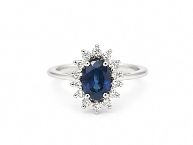 Bague 50 Bague Marguerite - Saphir bleu 1 ct, diamants et or blanc 18 carats 58 Facettes 33885