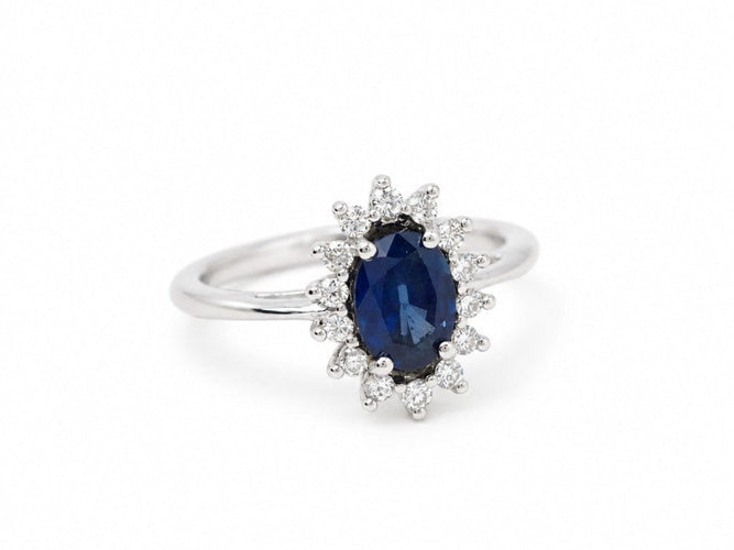 Bague 50 Bague Marguerite - Saphir bleu 1 ct, diamants et or blanc 18 carats 58 Facettes 33885