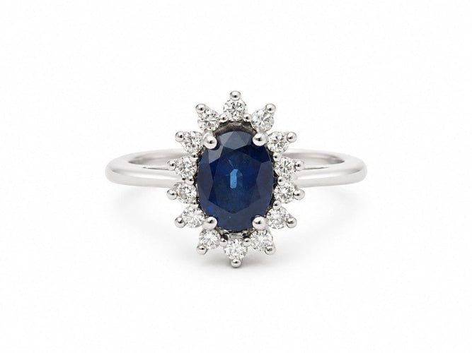 Bague 50 Bague Marguerite - Saphir bleu 1 ct, diamants et or blanc 18 carats 58 Facettes 33885