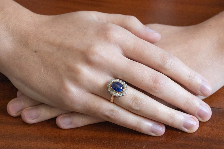 Bague 52 Bague ancienne - Saphir cabochon et diamants de taille ancienne 58 Facettes 13670
