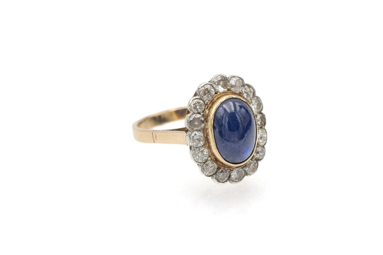 Bague 52 Bague ancienne - Saphir cabochon et diamants de taille ancienne 58 Facettes 13670