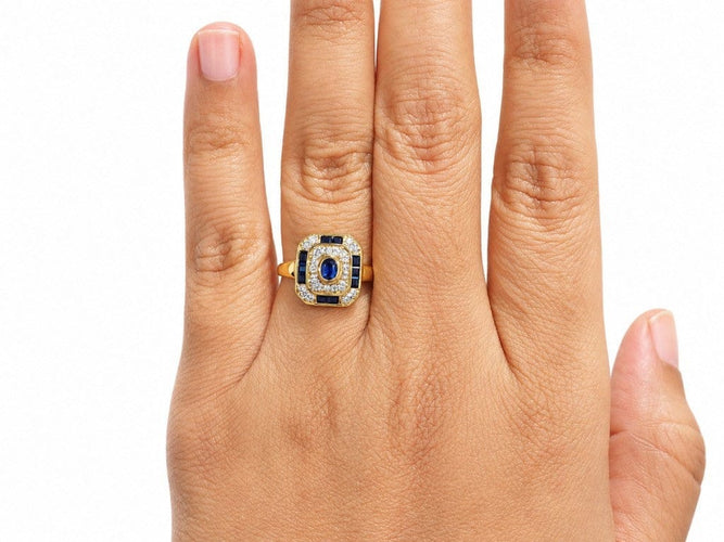Bague 55 Bague vintage en or jaune 18 carats, saphirs bleus calibrés et diamants 58 Facettes 33882