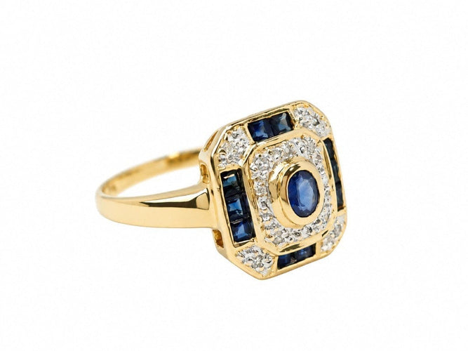 Bague 55 Bague vintage en or jaune 18 carats, saphirs bleus calibrés et diamants 58 Facettes 33882