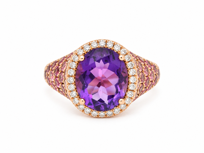 Bague 53 Bague cocktail en or rose 18 carats, améthyste, diamants et tourmalines roses 58 Facettes 33881