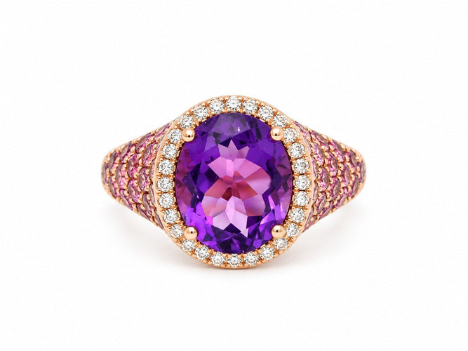 Bague 53 Bague cocktail en or rose 18 carats, améthyste, diamants et tourmalines roses 58 Facettes 33881