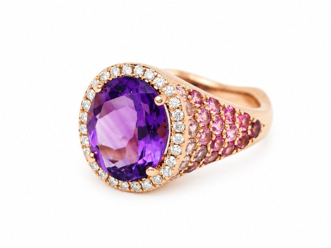 Bague 53 Bague cocktail en or rose 18 carats, améthyste, diamants et tourmalines roses 58 Facettes 33881