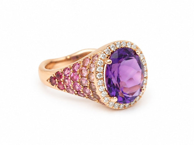 Bague 53 Bague cocktail en or rose 18 carats, améthyste, diamants et tourmalines roses 58 Facettes 33881