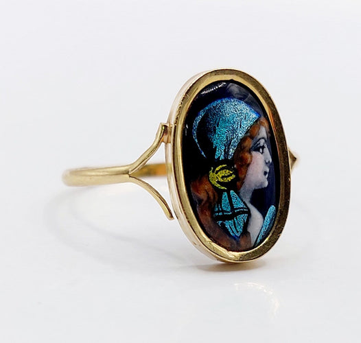 Bague 58 Art nouveau de Limoges - Bague en or 18k à plaque émaillée, vers 1910 58 Facettes A07962