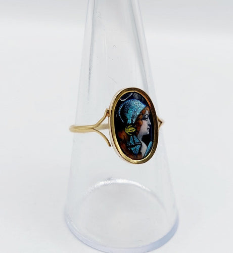 Bague 58 Art nouveau de Limoges - Bague en or 18k à plaque émaillée, vers 1910 58 Facettes A07962