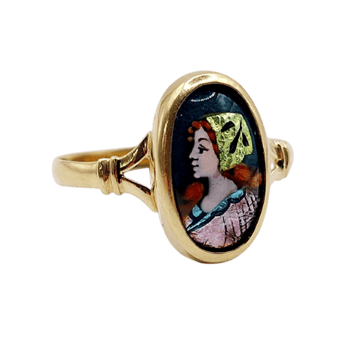 Bague 56 Art nouveau - Bague en or 18k à plaque émaillée, Limoges, vers 1910 58 Facettes A07965