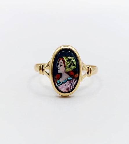 Bague 56 Art nouveau - Bague en or 18k à plaque émaillée, Limoges, vers 1910 58 Facettes A07965