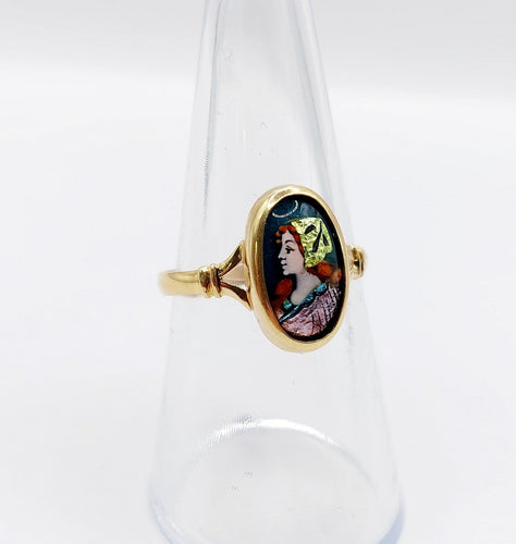 Bague 56 Art nouveau - Bague en or 18k à plaque émaillée, Limoges, vers 1910 58 Facettes A07965
