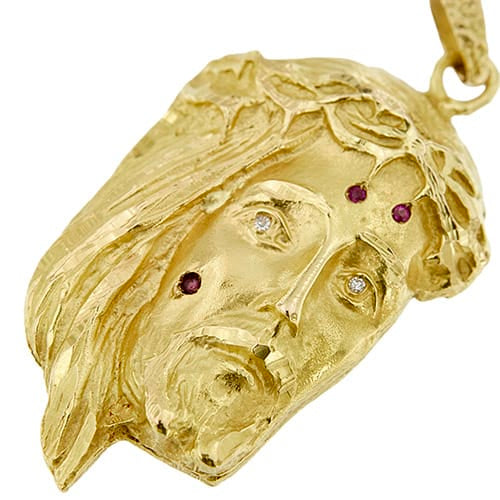 Pendentif Pendentif visage du Christ en or jaune 18 ct, rubis et diamants 58 Facettes 40105