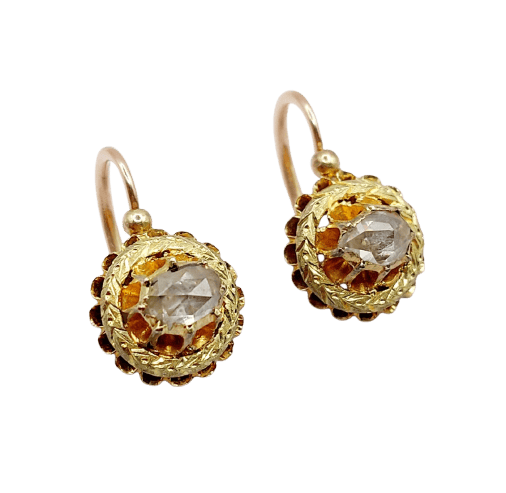 Boucles d'oreilles Dormeuses victoriennes en or rose 18k, diamants taille rose (vers 1880) 58 Facettes A07974