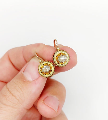 Boucles d'oreilles Dormeuses victoriennes en or rose 18k, diamants taille rose (vers 1880) 58 Facettes A07974