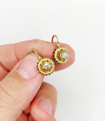 Boucles d'oreilles Dormeuses victoriennes en or rose 18k, diamants taille rose (vers 1880) 58 Facettes A07974