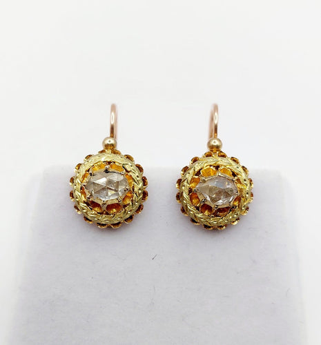 Boucles d'oreilles Dormeuses victoriennes en or rose 18k, diamants taille rose (vers 1880) 58 Facettes A07974