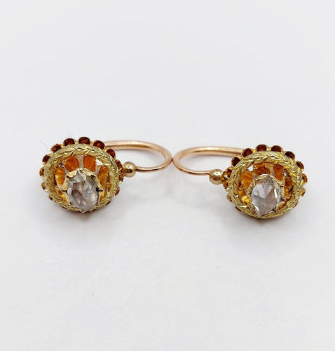 Boucles d'oreilles Dormeuses victoriennes en or rose 18k, diamants taille rose (vers 1880) 58 Facettes A07974