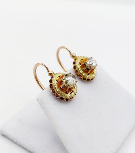 Boucles d'oreilles Dormeuses victoriennes en or rose 18k, diamants taille rose (vers 1880) 58 Facettes A07974