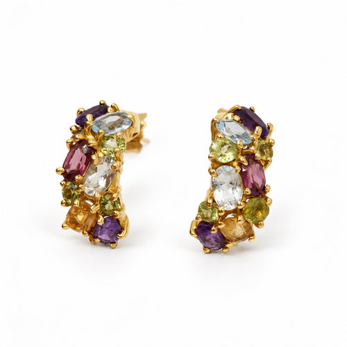 Boucles d'oreilles Boucles d’oreilles créoles demi-lune en or jaune 750‰ et pierres de couleur 58 Facettes 260293R