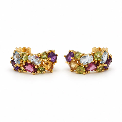 Boucles d'oreilles Boucles d’oreilles créoles demi-lune en or jaune 750‰ et pierres de couleur 58 Facettes 260293R