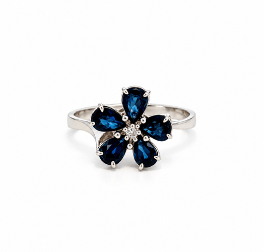 Bague 53 Bague florale en or blanc 750, saphirs et diamant 58 Facettes 50548